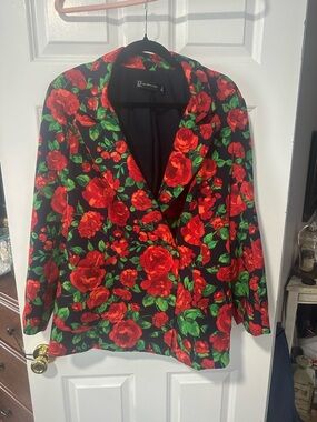 New York & Company Black Blazer with Red Rose Print